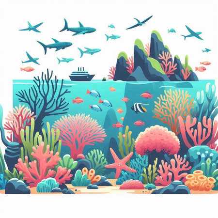 Underwater landscape with coral reef and fish. Vector cartoon illustration.のイラスト素材