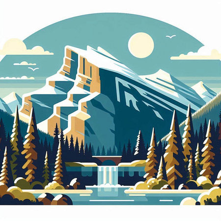 Mountains and river. Vector illustration in flat style. Mountain landscape.のイラスト素材