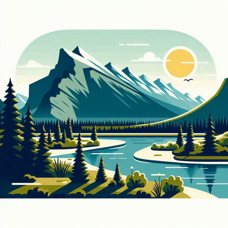 Landscape with mountains, lake, forest and sun. Vector illustrationのイラスト素材