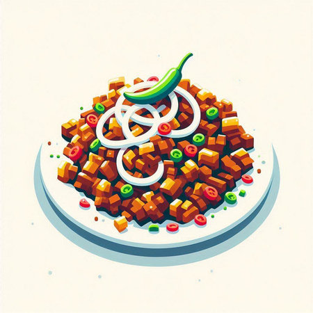Illustration of a plate of spicy salad with pepper and onion.のイラスト素材