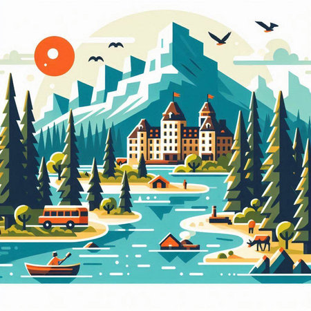 Vector illustration of a landscape with mountains, lake, forest, houses and boatsのイラスト素材