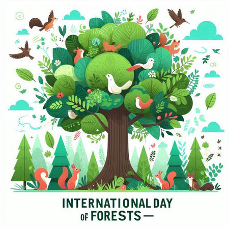 International Day of Forests. Tree with birds and squirrels. Vector illustrationのイラスト素材