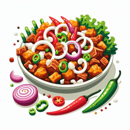 Spicy beef salad in a bowl with vegetables and spices. Vector illustration.のイラスト素材