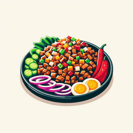Illustration of a plate with Chinese food. Vector illustration of a dish of beef, vegetables and eggs.のイラスト素材