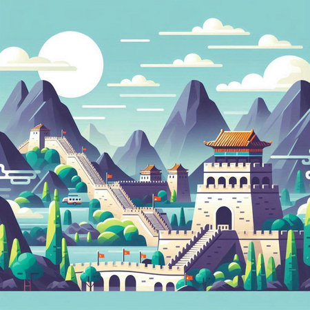Landscape of the ancient Chinese city. Vector illustration in flat styleのイラスト素材
