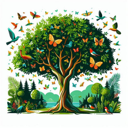 Beautiful tree with butterflies and birds. Vector illustration for your designのイラスト素材