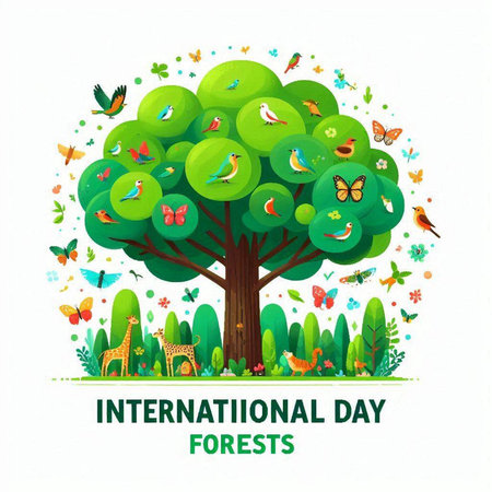 International Day of Forests. Vector illustration of a tree with butterflies and birds.のイラスト素材
