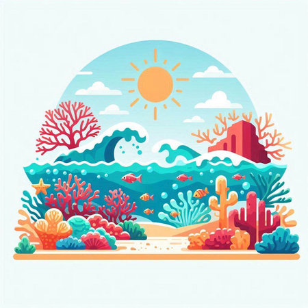Coral reef and sea landscape. Vector illustration in flat style.のイラスト素材