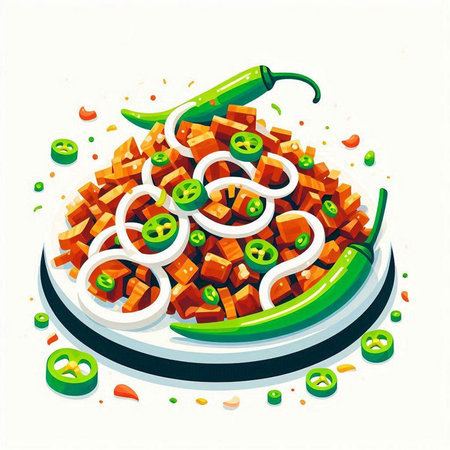 Illustration of spicy salad with chili peppers on a white background.のイラスト素材