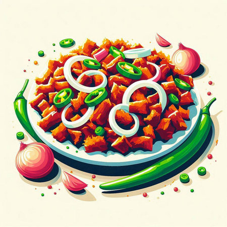 Illustration of a plate of fried meat with onions and peppers.のイラスト素材