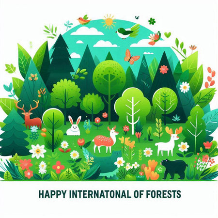 Happy International Day of Nature. Vector illustration with forest and animals.のイラスト素材