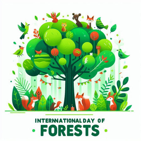 International Day of Forests. Vector illustration with tree, birds and animals.のイラスト素材