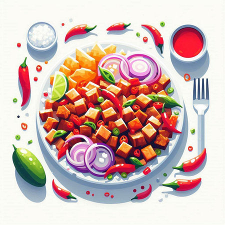 Tofu salad with chili pepper and tomato sauce, vector illustrationのイラスト素材