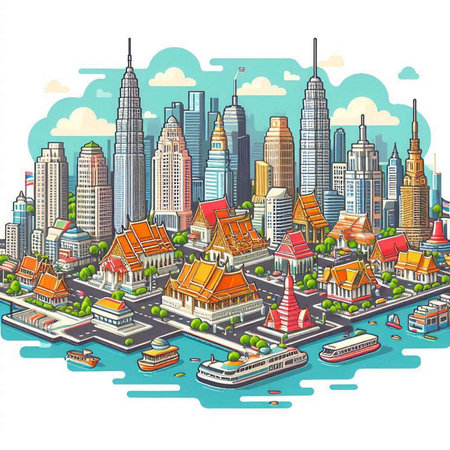 Bangkok cityscape with famous landmarks in cartoon style. Vector illustrationのイラスト素材