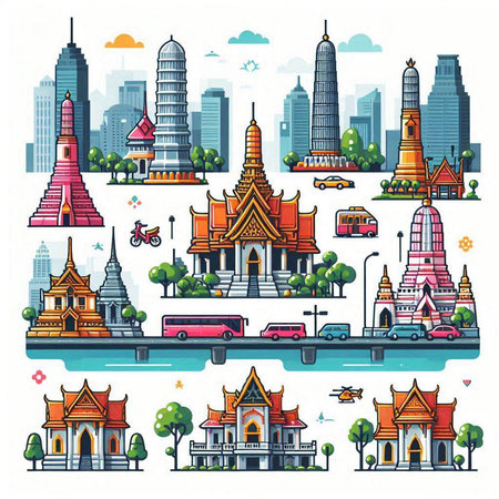 Thailand travel landmarks vector illustration. Landmarks of bangkok city.のイラスト素材