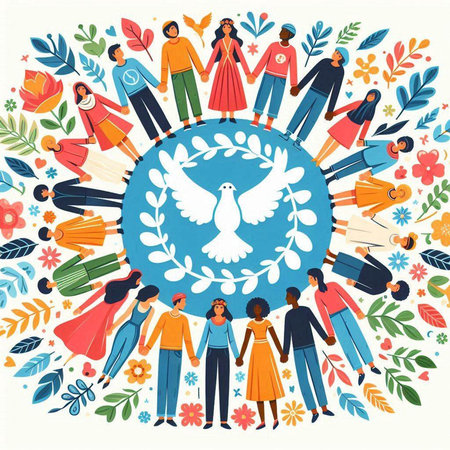 International Day of Peace. Vector illustration with people and peace symbols.のイラスト素材