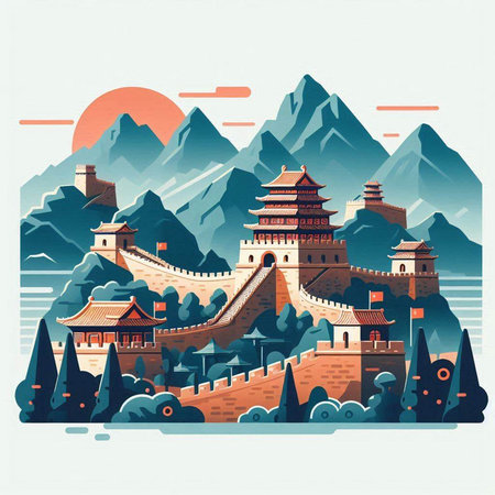 Landscape of the Great Wall of China. Vector illustration in flat styleのイラスト素材