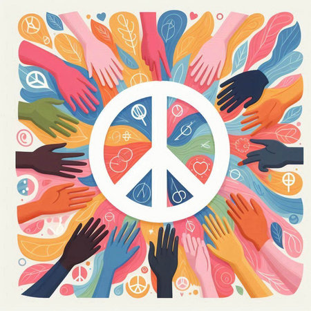 Vector illustration of human hands with peace symbol. World peace day.のイラスト素材