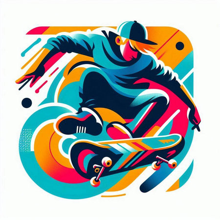 Skateboarder in action, colorful background, vector illustration.のイラスト素材