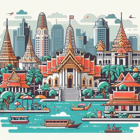 Bangkok cityscape with famous landmarks and boats. Vector illustration.のイラスト素材
