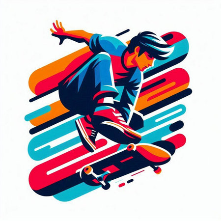 Skateboarder jumping with skateboard on colorful background. Vector illustration.のイラスト素材