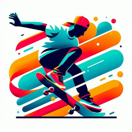 Skateboarder silhouette on colorful abstract background. Vector illustration.のイラスト素材