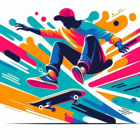 Skateboarder in action on colorful background. Vector illustration.のイラスト素材