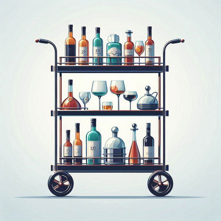 Cocktail bar trolley with bottles and glasses. Vector illustration.のイラスト素材