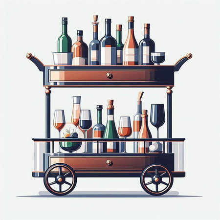 Vector illustration of a wooden cart with bottles of wine and glasses.のイラスト素材