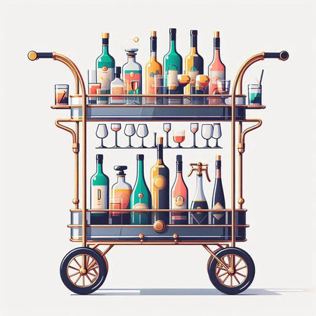 Vector illustration of a bar trolley with bottles of alcoholic beverages.のイラスト素材