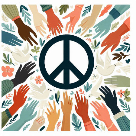 Vector illustration of hands with peace symbol. World peace day background.のイラスト素材