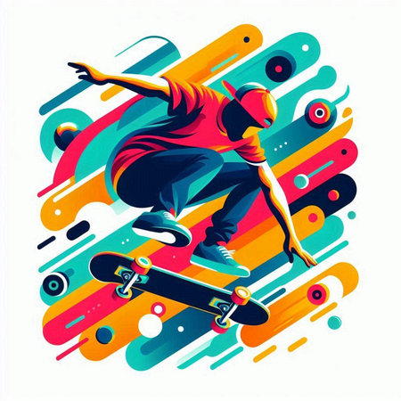 Vector illustration of a skateboarder in action on a colorful backgroundのイラスト素材