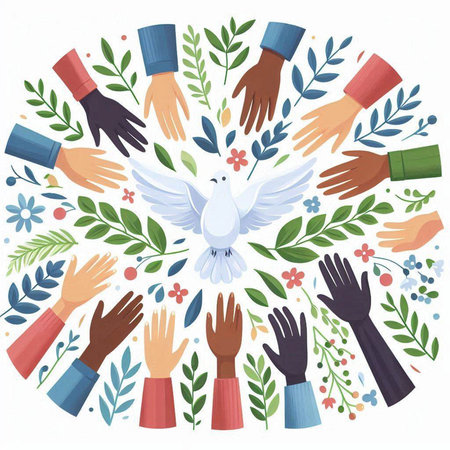 Vector illustration of hands with white dove in a circle of flowers.のイラスト素材