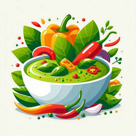 Green pesto sauce in bowl with fresh vegetables and herbs, vector illustrationのイラスト素材
