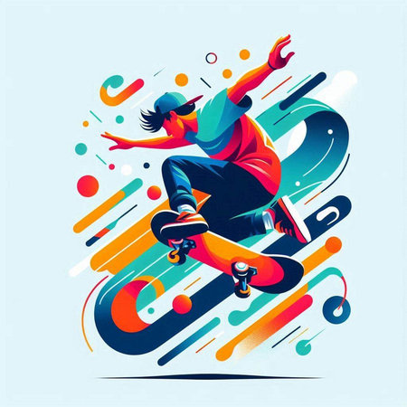 Vector illustration of a skateboarder riding a skateboard on colorful backgroundのイラスト素材