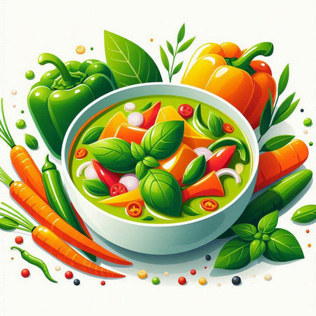 Vegetable soup in bowl with fresh vegetables. Vector illustration.のイラスト素材
