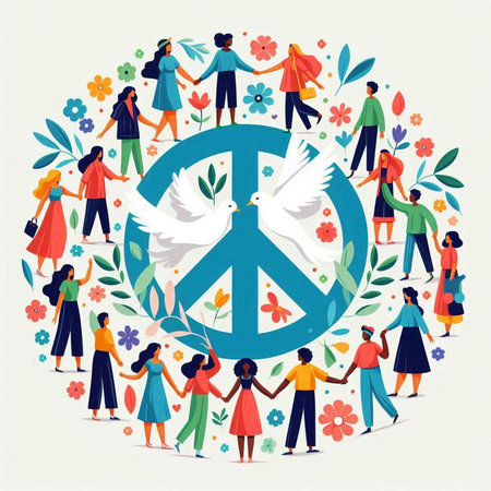 International Day of Peace concept with people and peace symbol, vector illustrationのイラスト素材