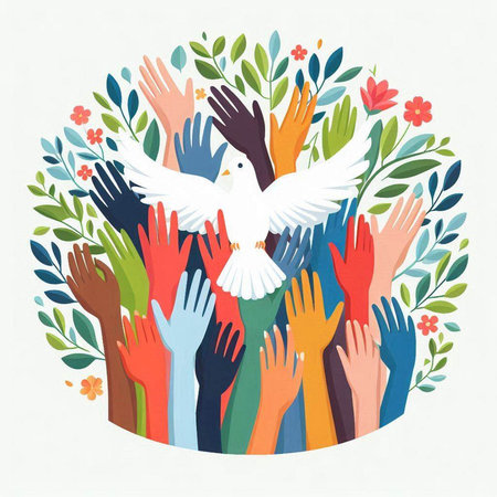 International Day of Peace. Vector illustration with hands and white dove.のイラスト素材