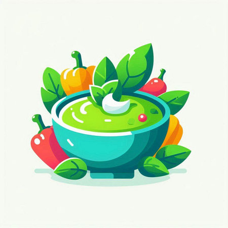 Spinach soup in bowl. Vector illustration in cartoon style.のイラスト素材