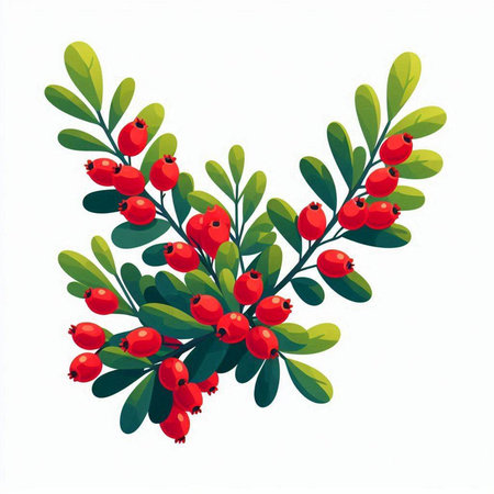 Christmas greeting card with red berries and green leaves. Vector illustration.のイラスト素材
