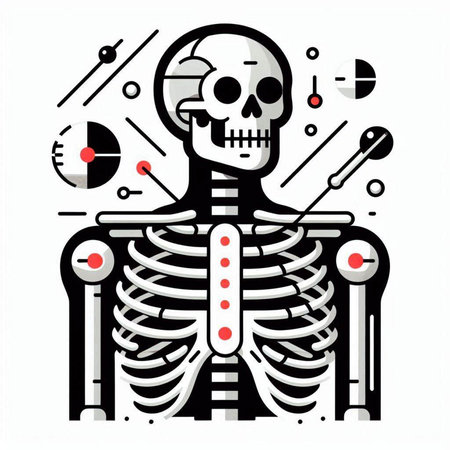 Human skeleton with bones and medical tools on white background. Vector illustration.のイラスト素材