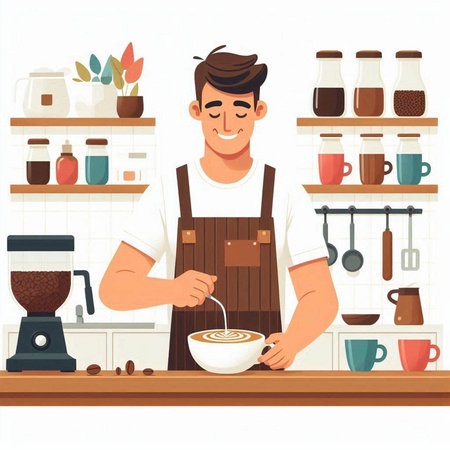 Coffee shop. Man in apron making coffee. Vector illustrationのイラスト素材