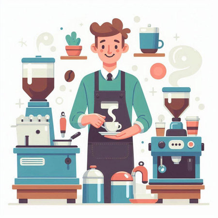 Coffee shop concept. Barista making coffee. Vector illustrationのイラスト素材