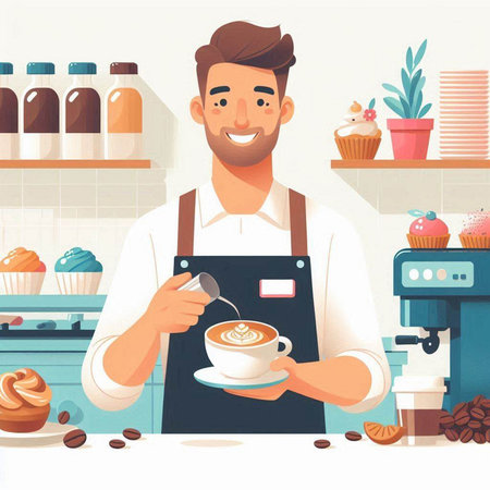 Coffee shop. Man in apron with cup of coffee. Vector illustrationのイラスト素材