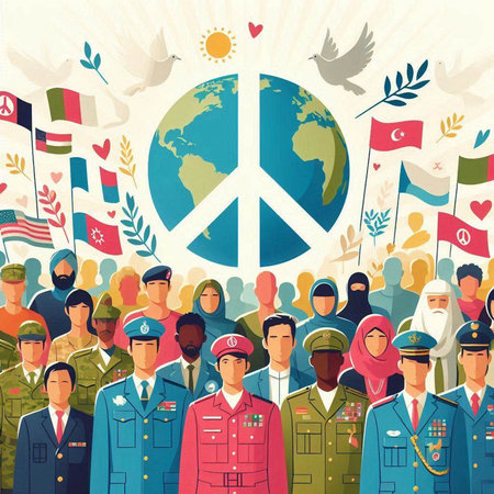 World Peace Day. People with flags and peace symbol. Vector illustrationのイラスト素材