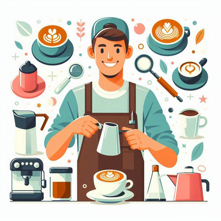 Coffee shop concept. Man in apron pouring coffee in cup. Vector flat illustrationのイラスト素材