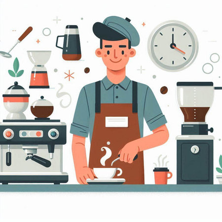 Coffee shop. Barista in apron making coffee. Vector illustrationのイラスト素材