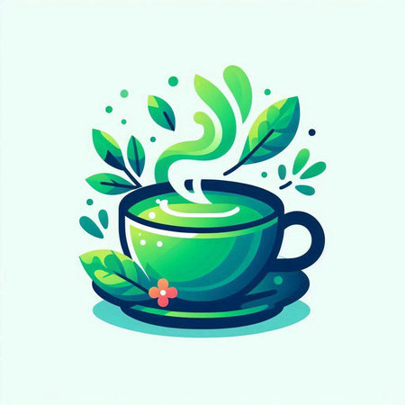 Cup of tea with green leaves and flowers, vector illustration.のイラスト素材