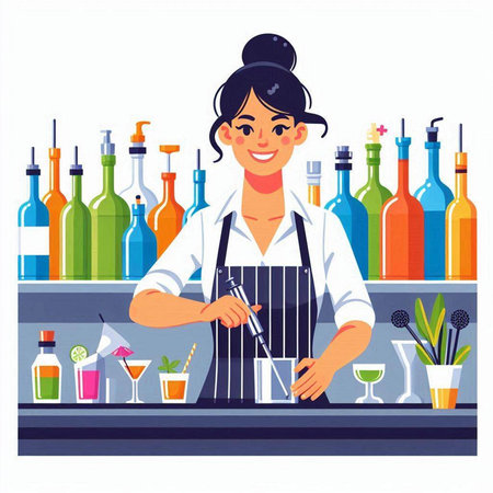 Bartender woman in apron making cocktail. Vector flat cartoon illustrationのイラスト素材