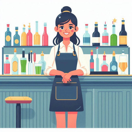 Young female bartender standing at the bar counter. Vector illustration in cartoon styleのイラスト素材